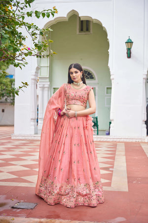 Peach Pink Embroidered Lehenga Set