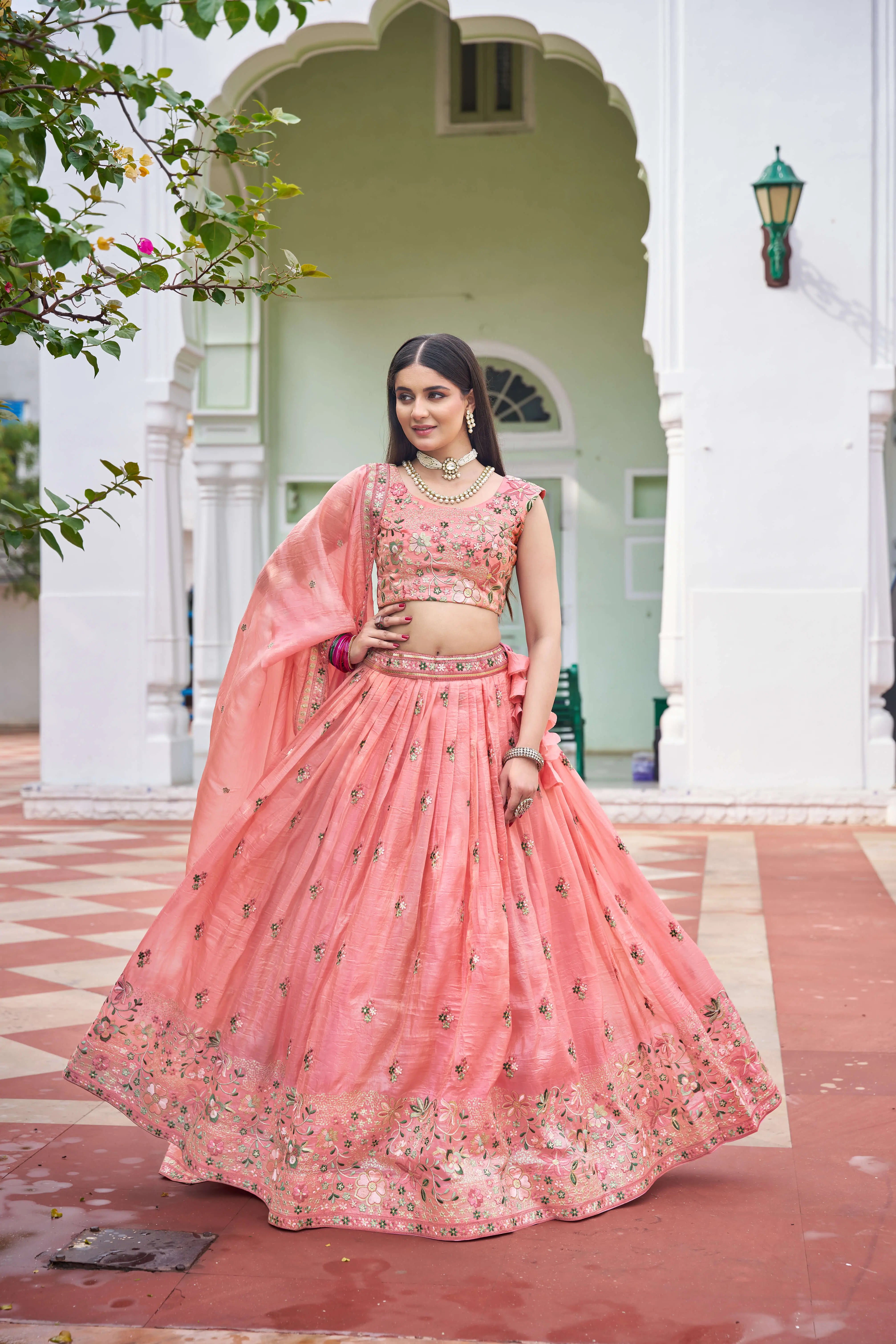 Peach Pink Embroidered Lehenga Set