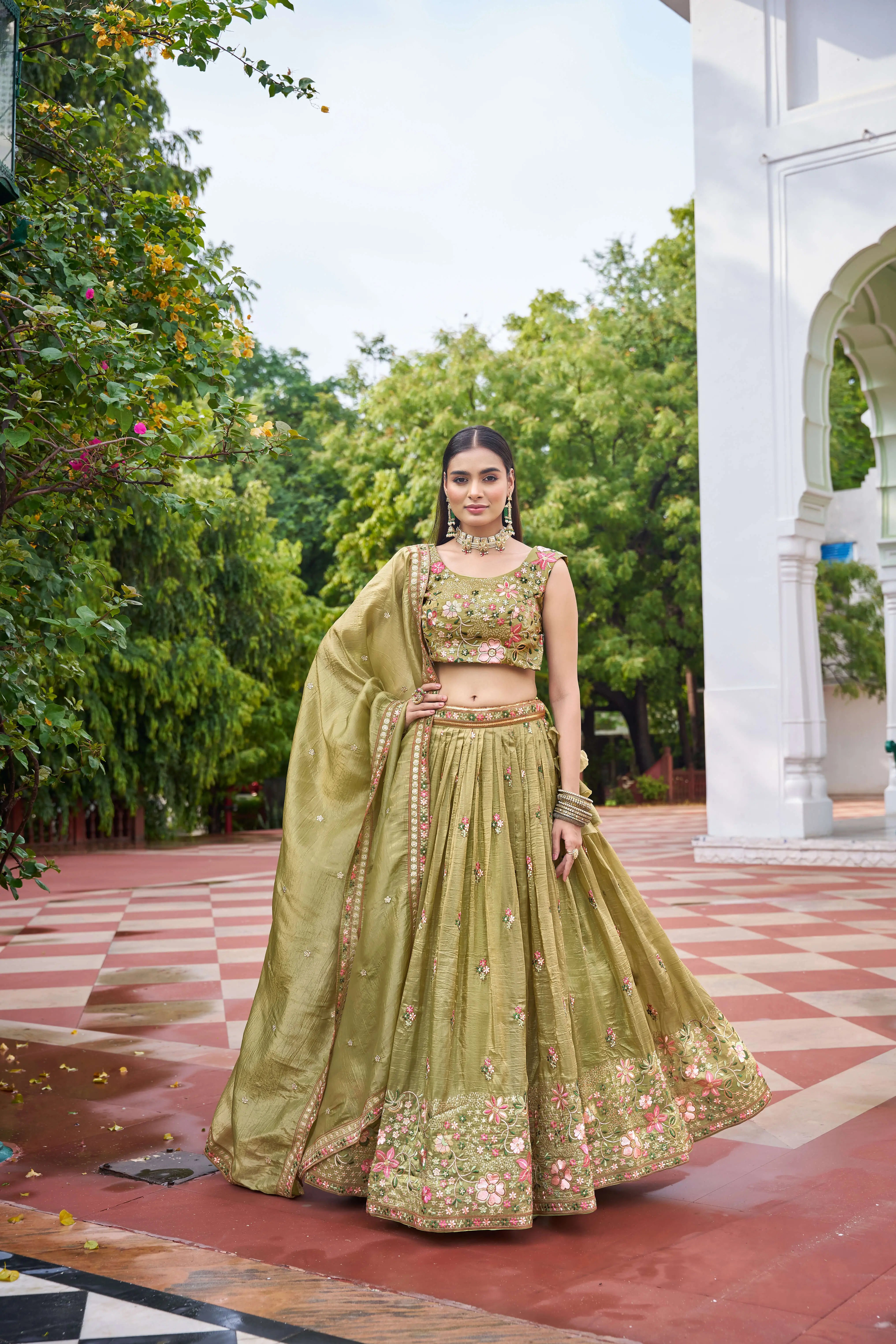 Olive Green Embroidered Lehenga Set