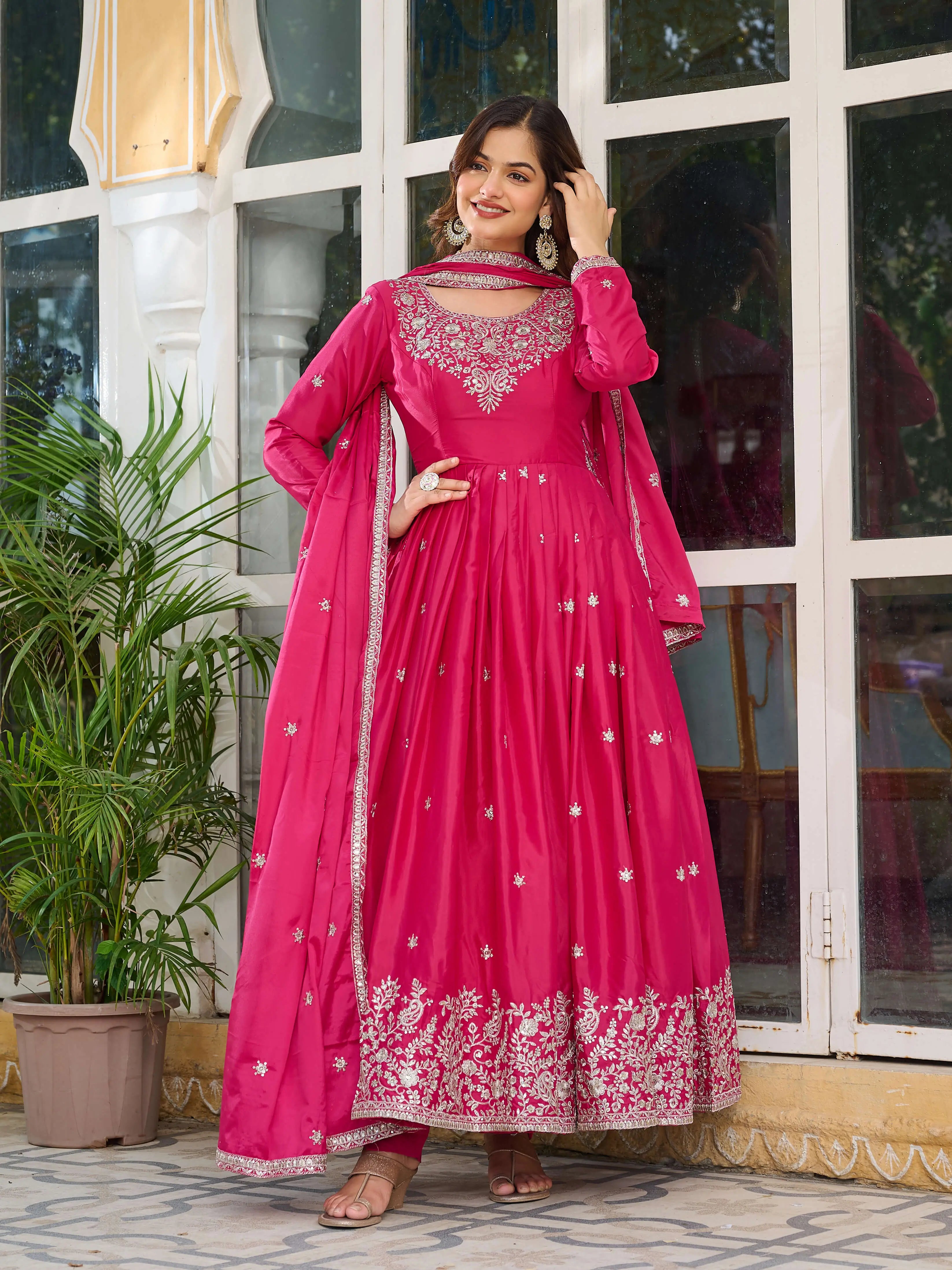 Rani Pink Embroidered American Silk Gown Set