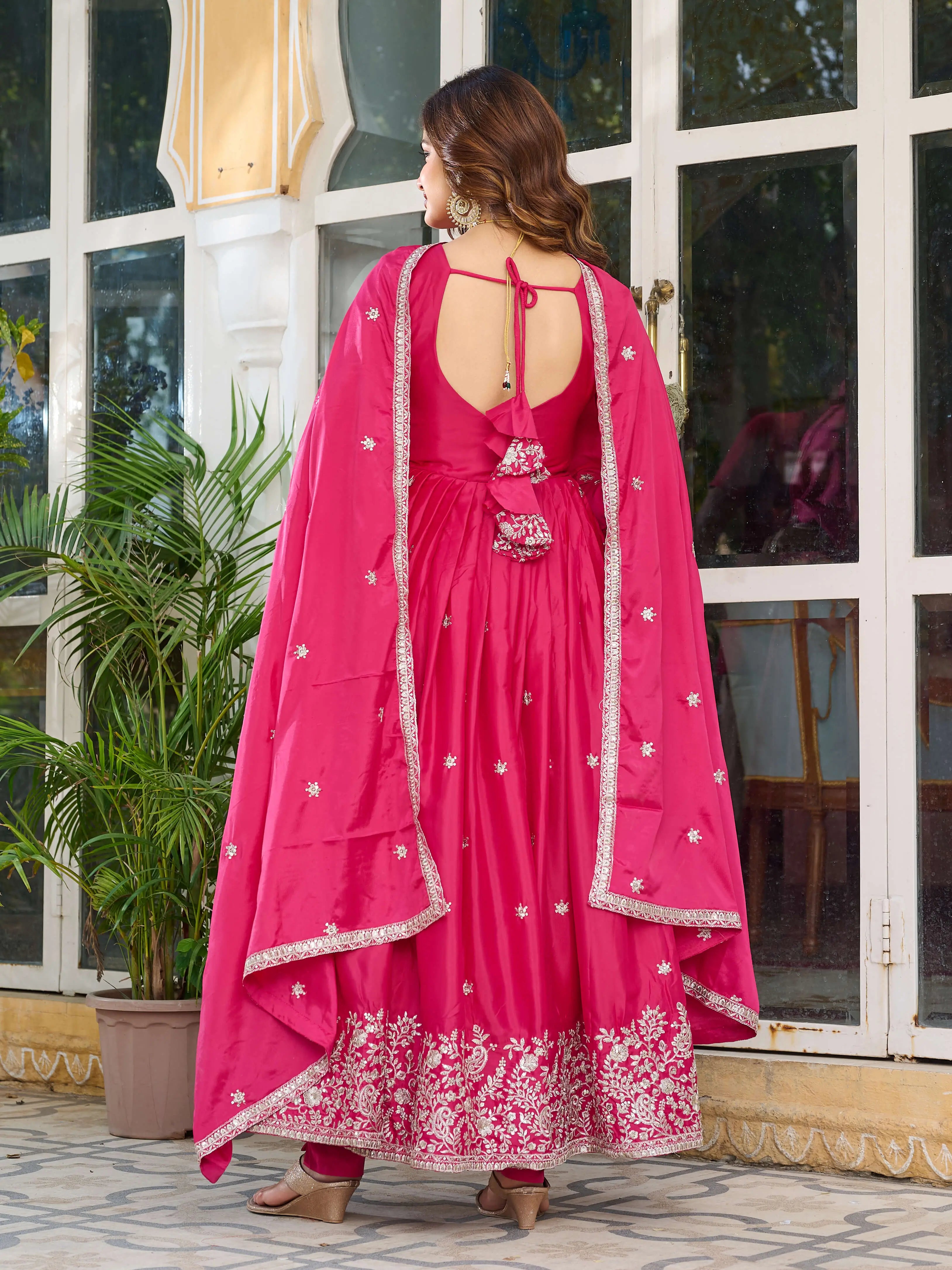 Rani Pink Embroidered American Silk Gown Set