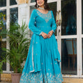 Teal Blue Embroidered Silk Gown Set