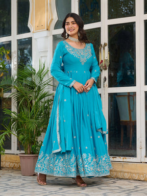 Teal Blue Embroidered Silk Gown Set