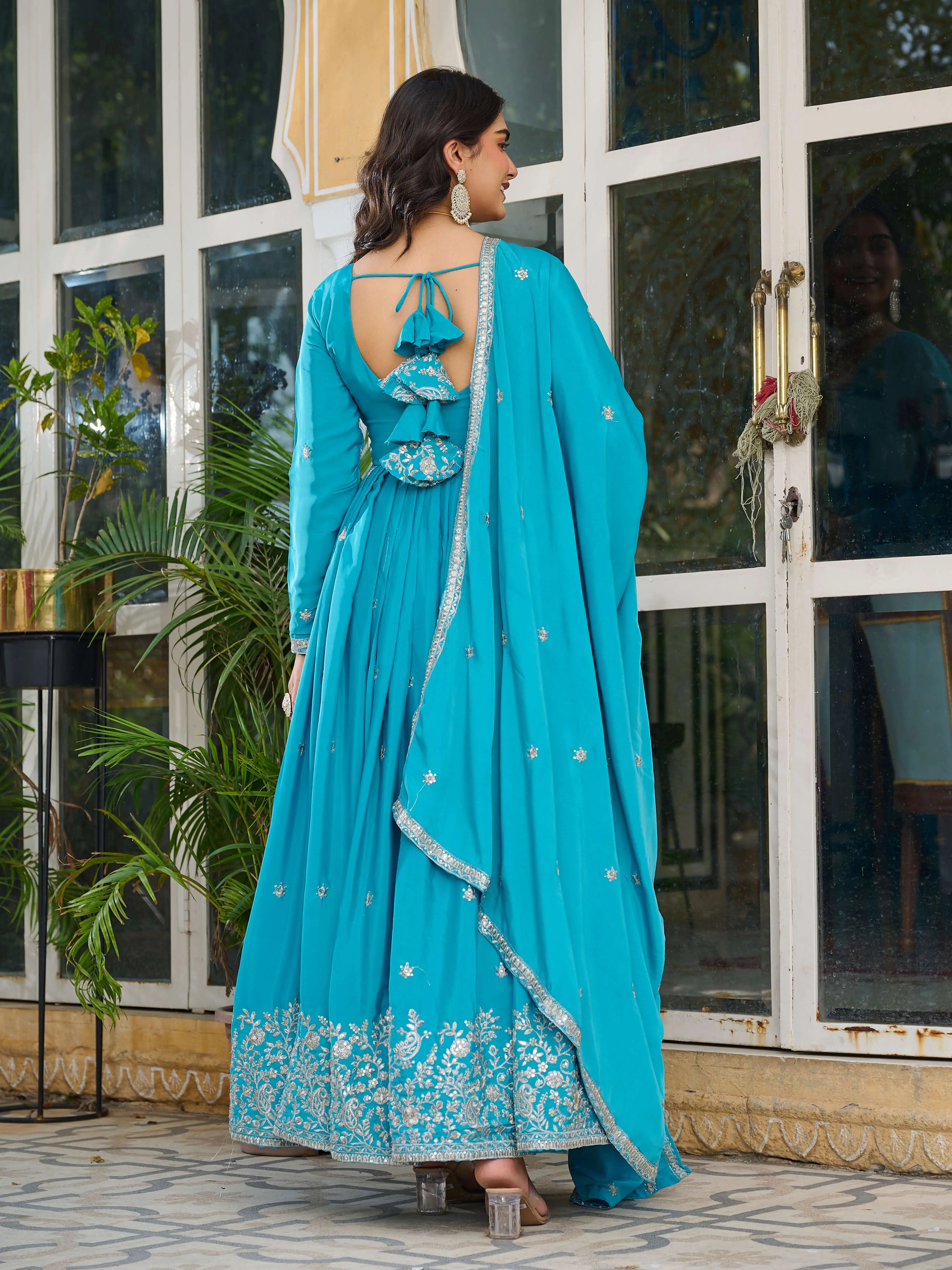 Teal Blue Embroidered Silk Gown Set