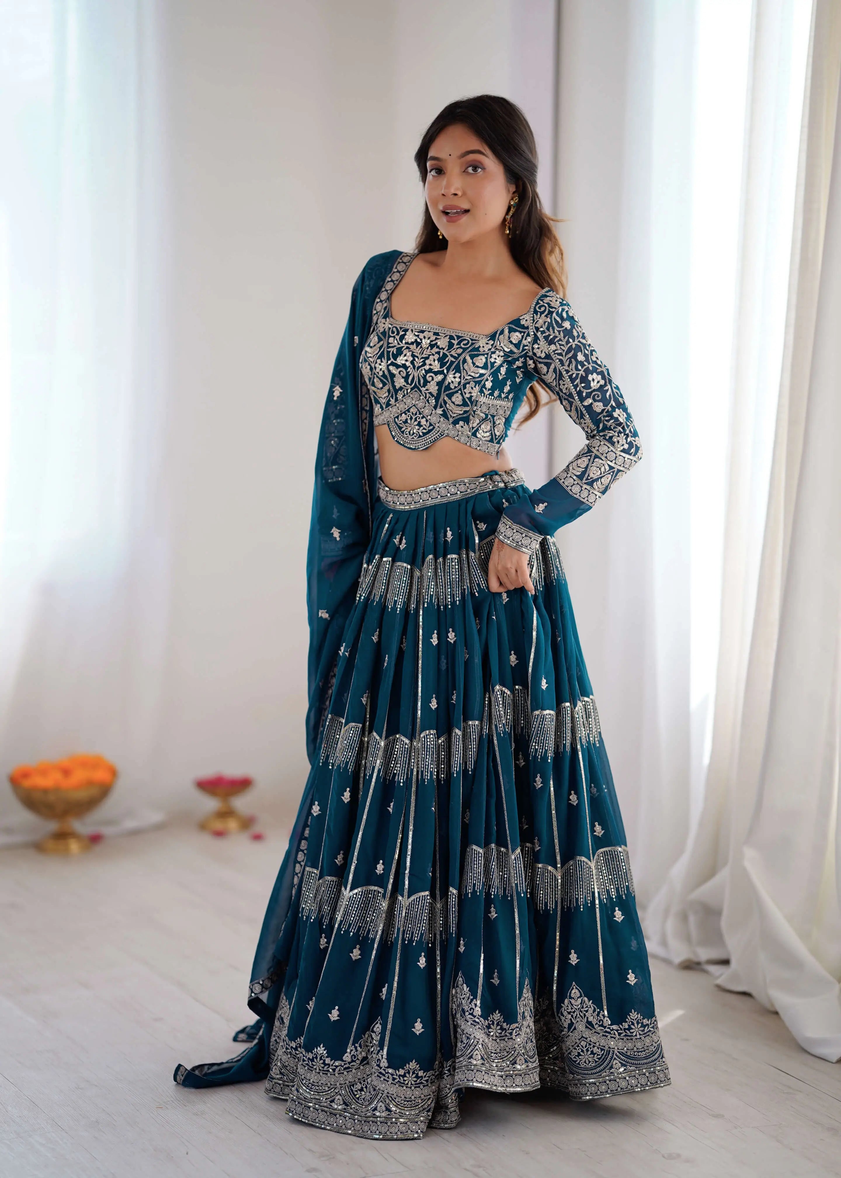 Teal Blue Heavy Embroidered Lehenga Set