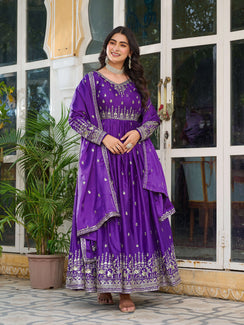 Royal Purple Embroidered Silk Gown Set