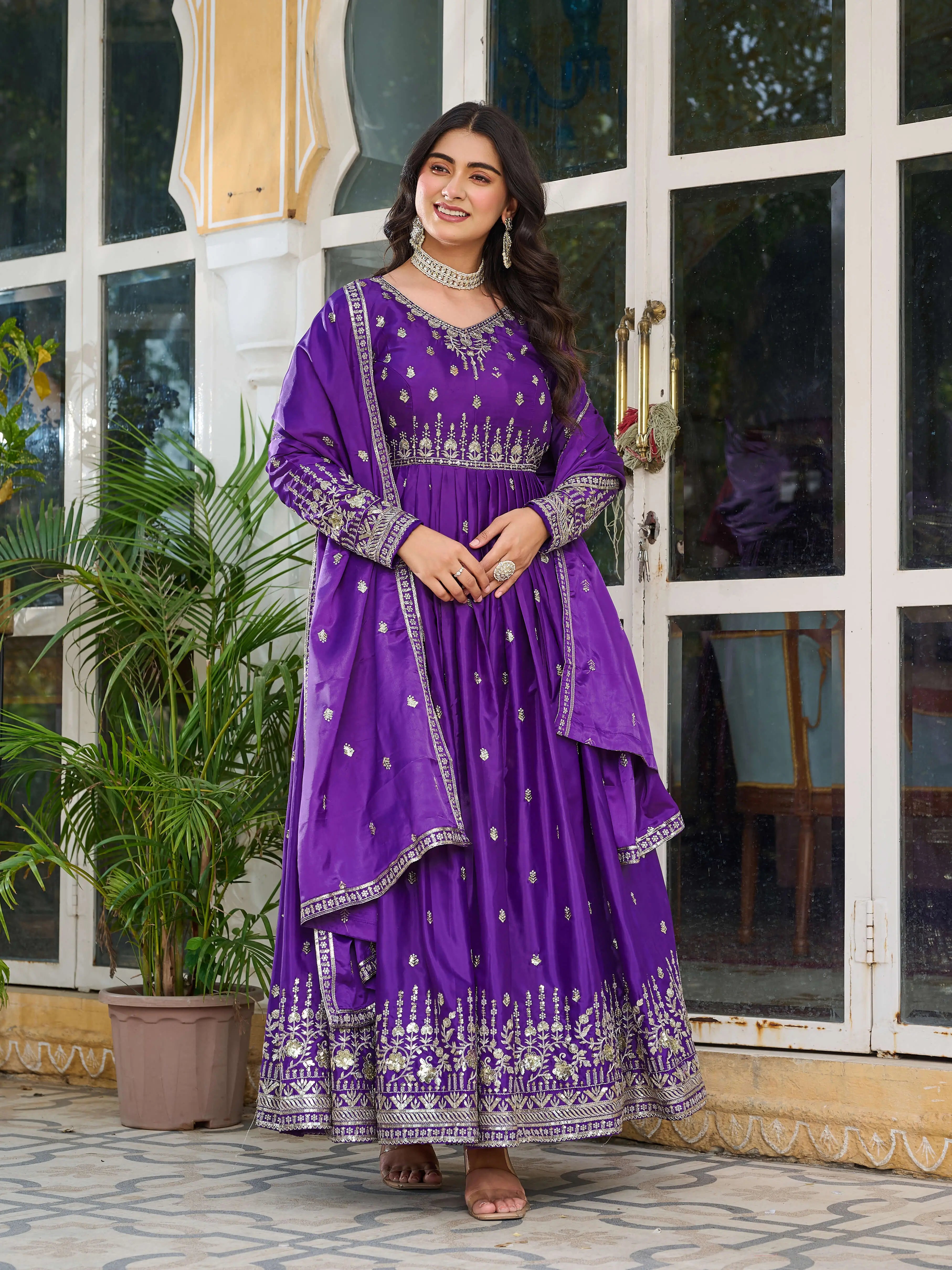 Royal Purple Embroidered Silk Gown Set