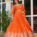 Royal Orange Embroidered Silk Gown Set