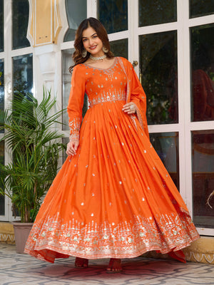 Royal Orange Embroidered Silk Gown Set