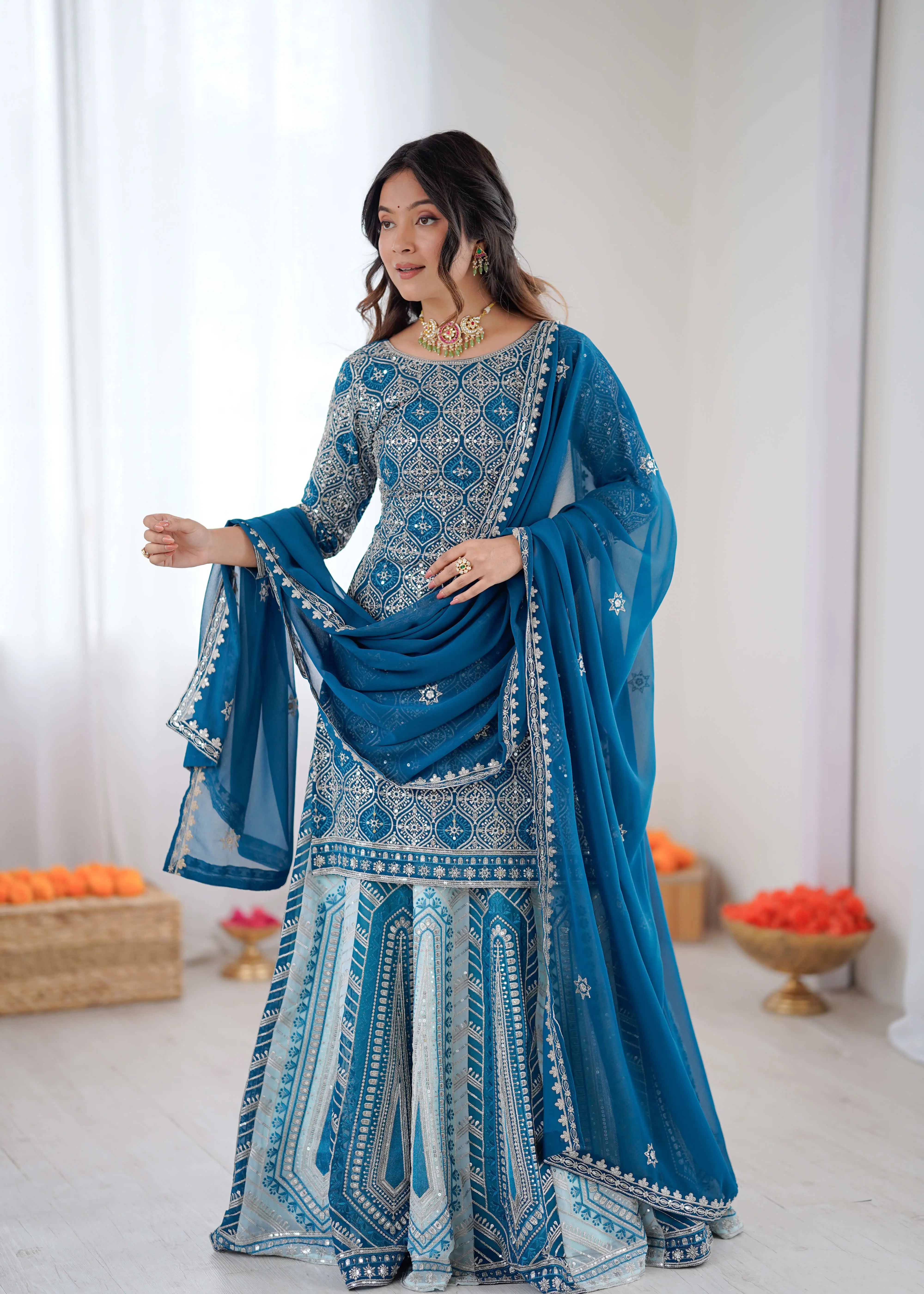 Teal Blue Embroidered Lehenga Set