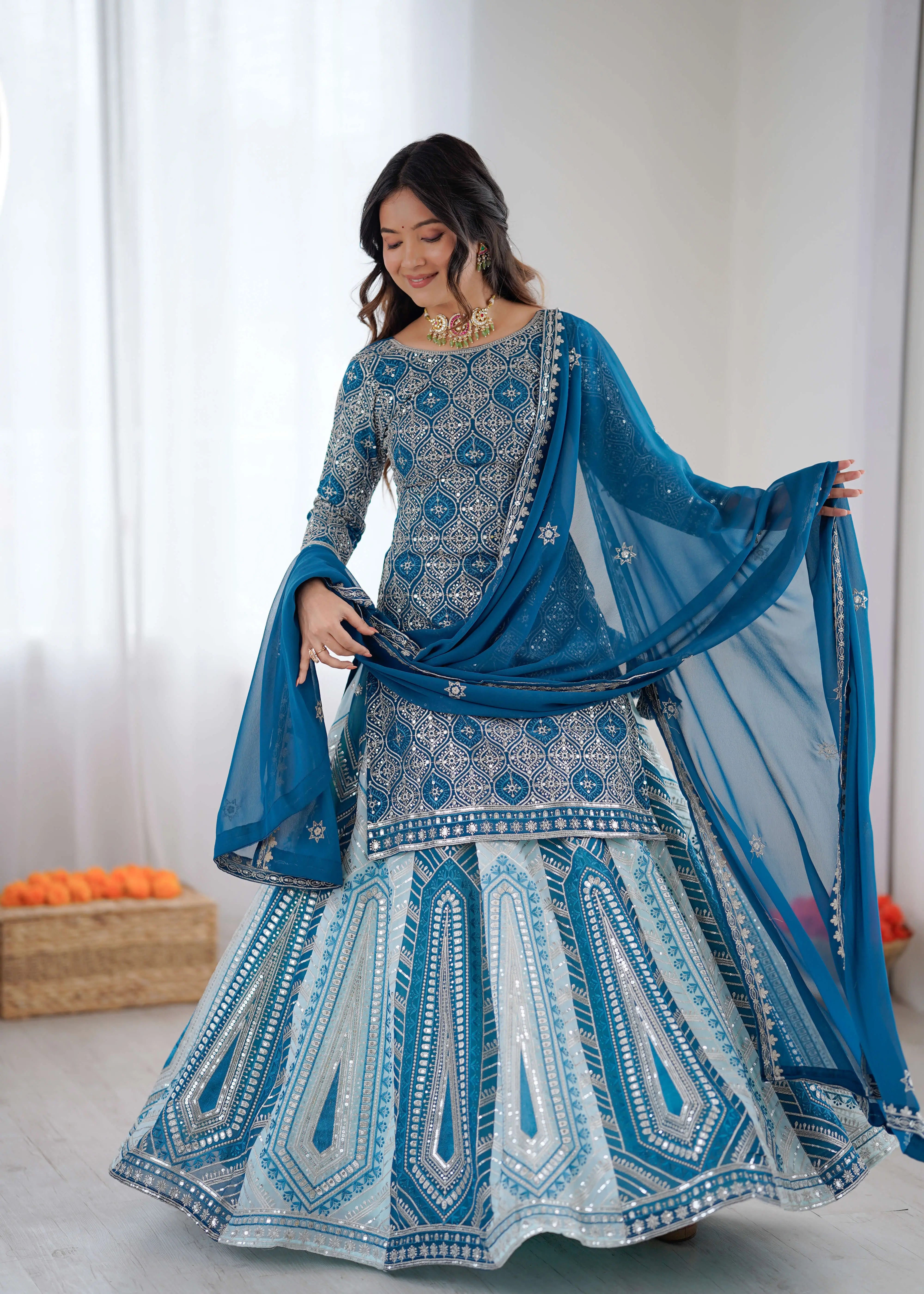 Teal Blue Embroidered Lehenga Set