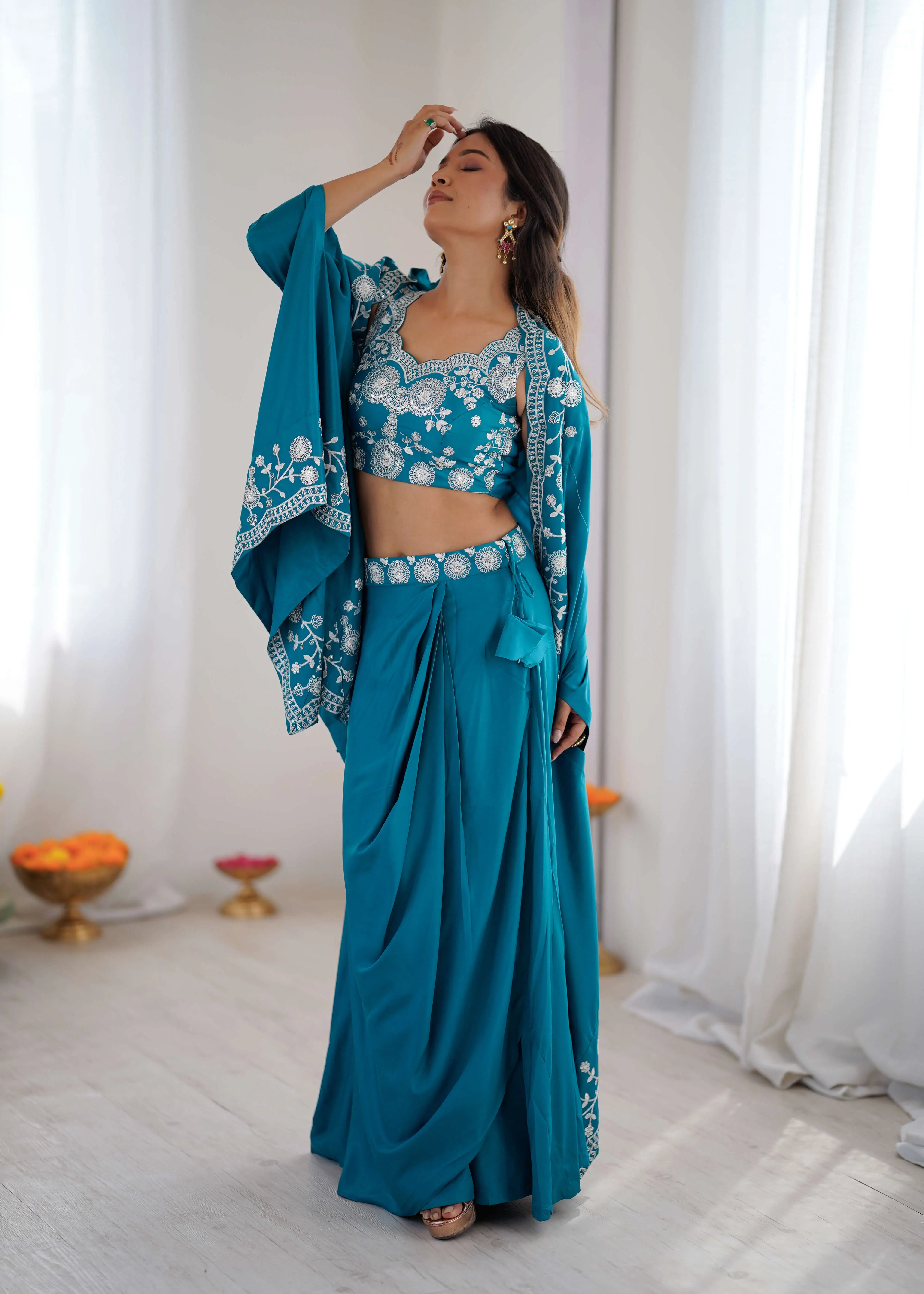Teal Blue Embroidered Dhoti Set