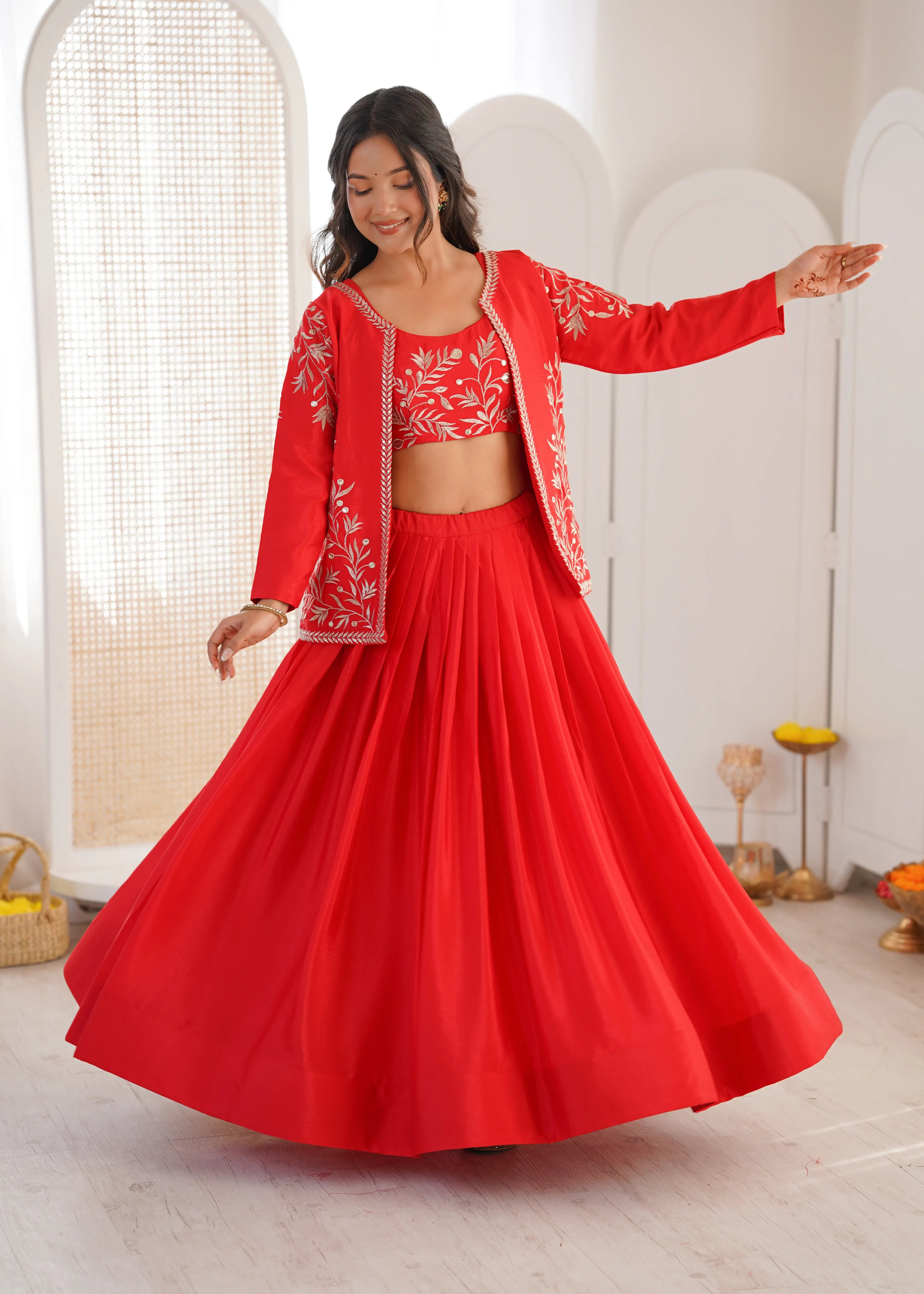 Red Silk Lehenga with Embroidered Koti