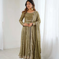 Olive Green Embroidered Silk Gown Set