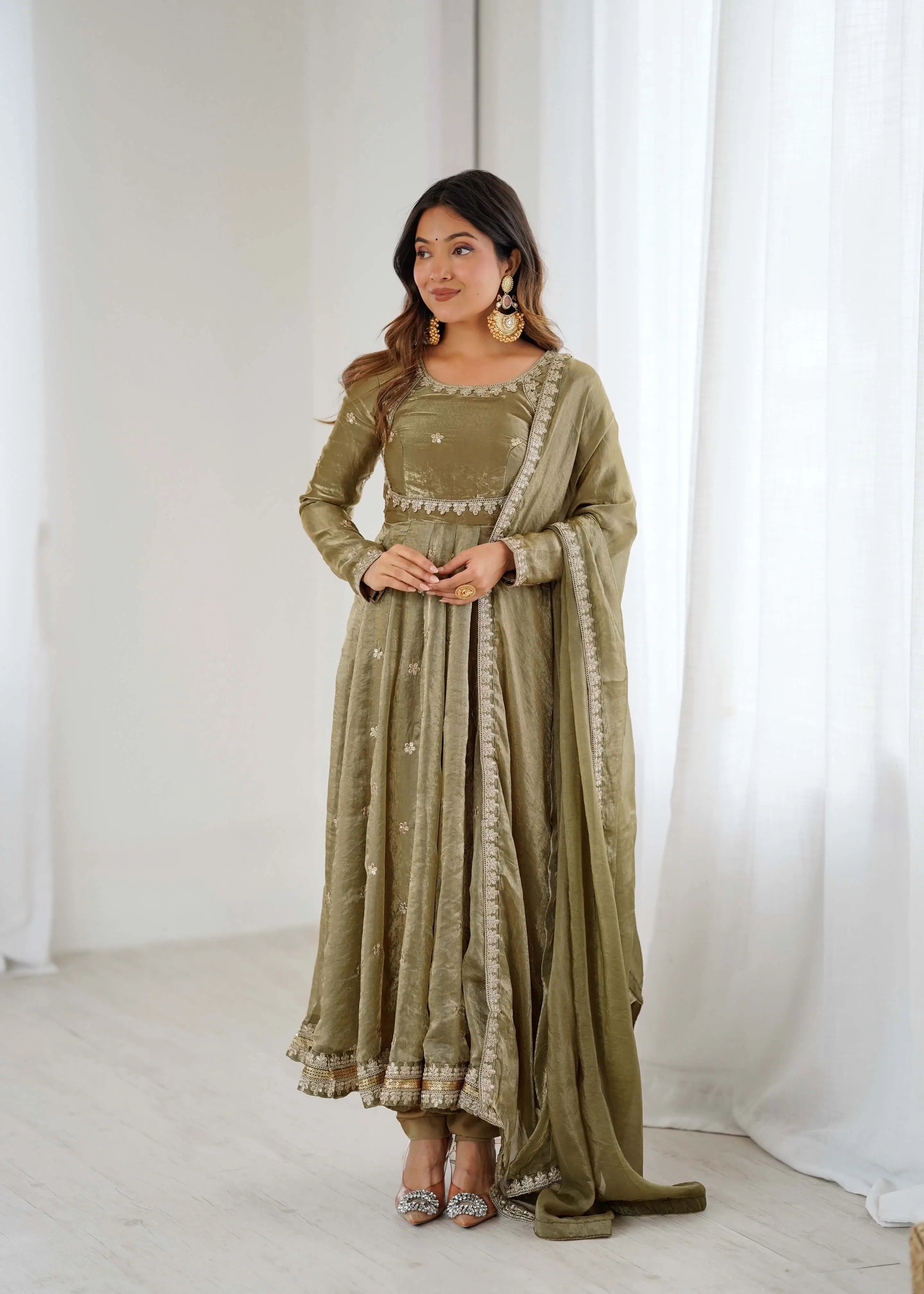 Olive Green Embroidered Silk Gown Set