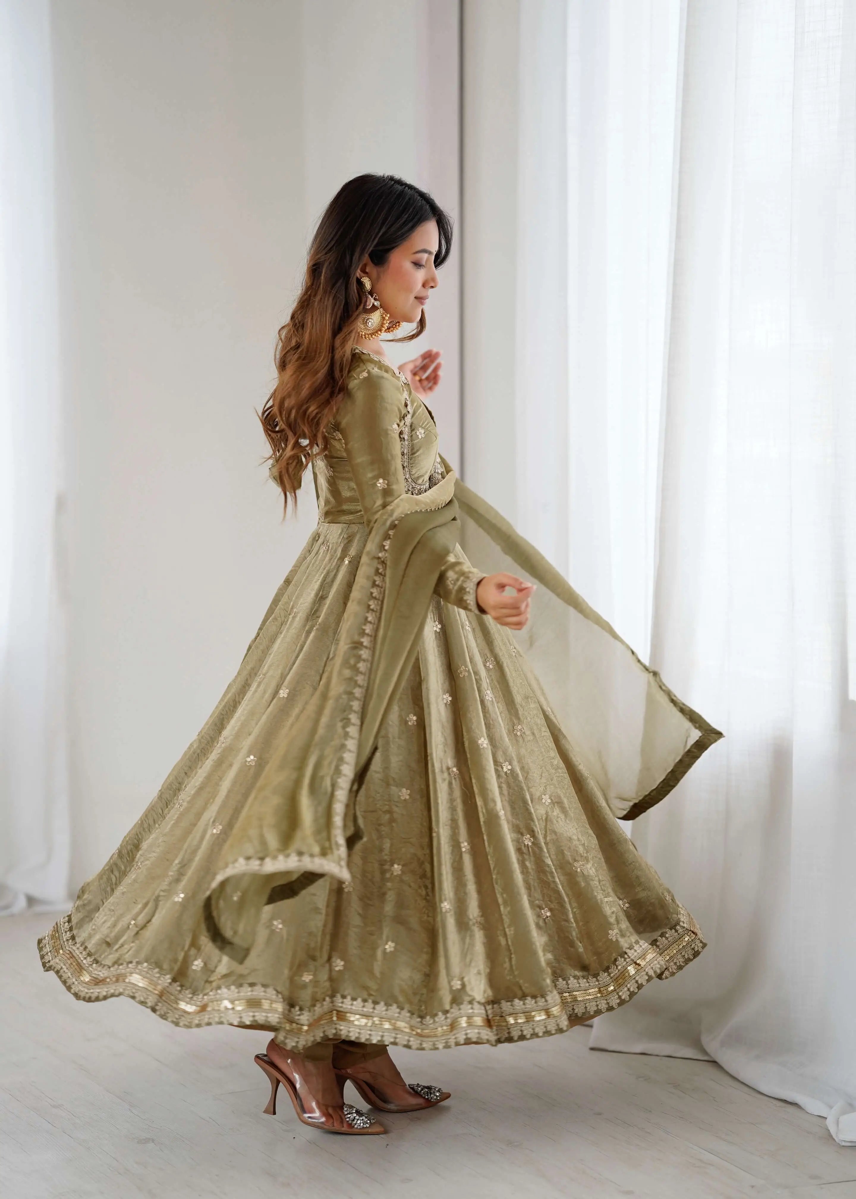 Olive Green Embroidered Silk Gown Set