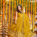 Yellow Embroidered Silk Anarkali Palazzo Suit Set