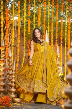 Yellow Embroidered Silk Anarkali Palazzo Suit Set
