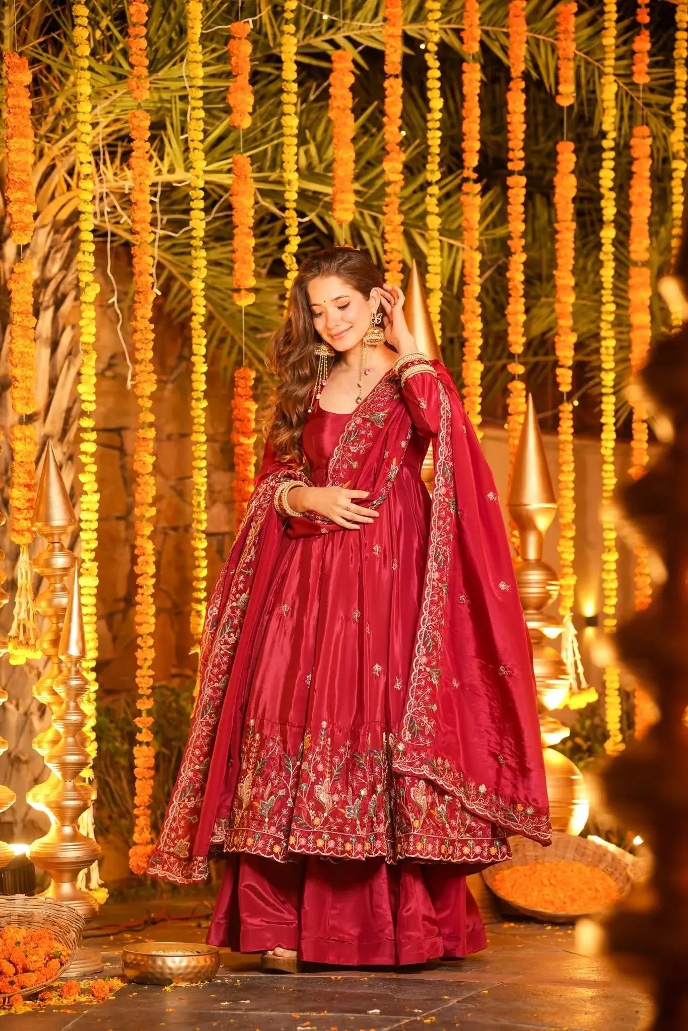Red Embroidered Silk Anarkali Palazzo Suit Set