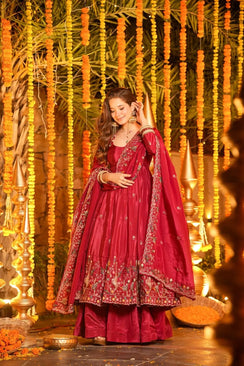 Red Embroidered Silk Anarkali Palazzo Suit Set