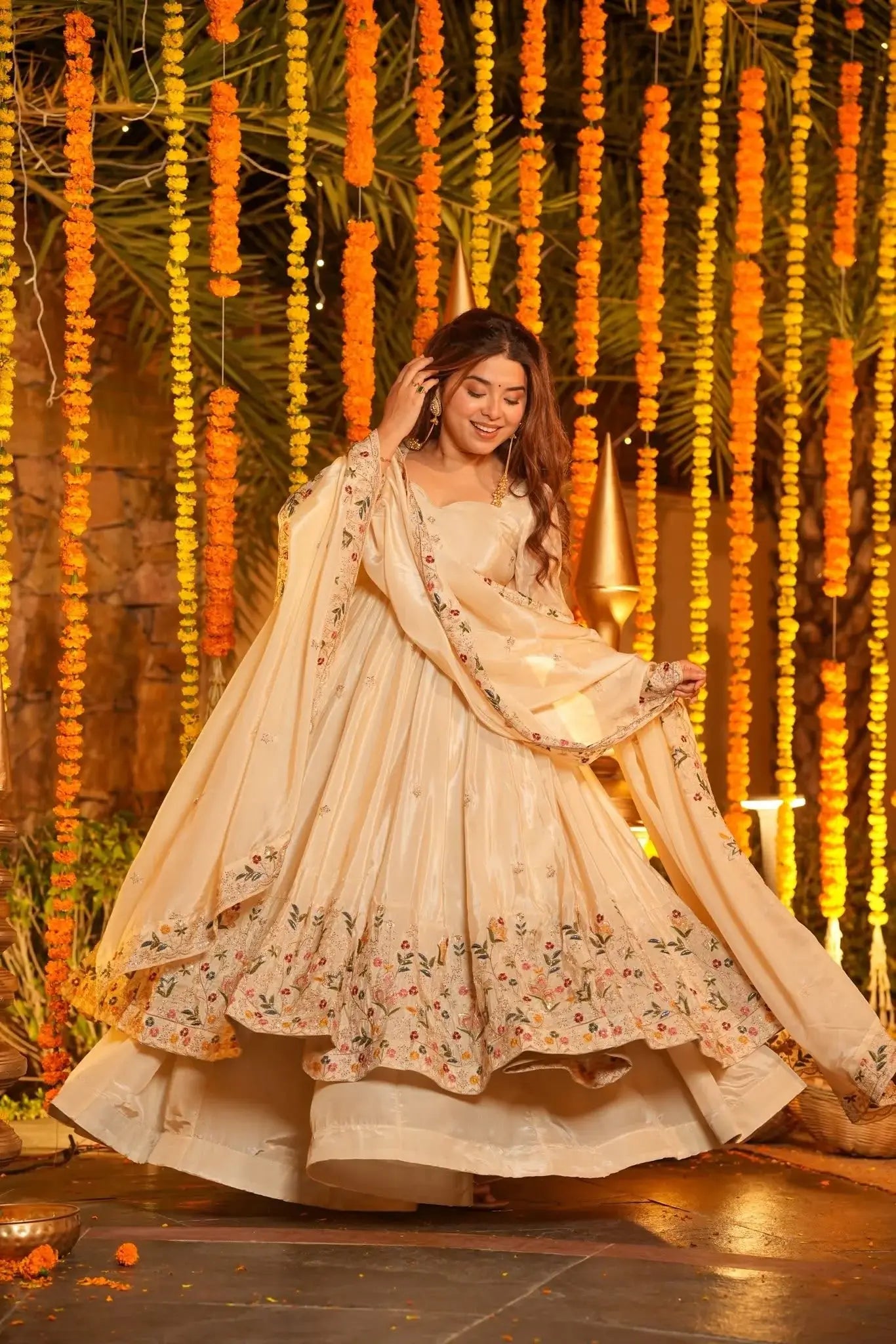 Off White Embroidered Silk Anarkali Palazzo Suit Set