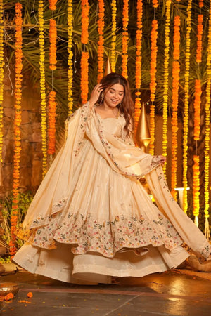 Off White Embroidered Silk Anarkali Palazzo Suit Set