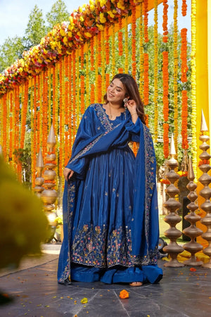Blue Embroidered Silk Anarkali Palazzo Suit Set