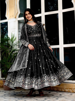 Midnight Black Embroidered Silk Gown Set