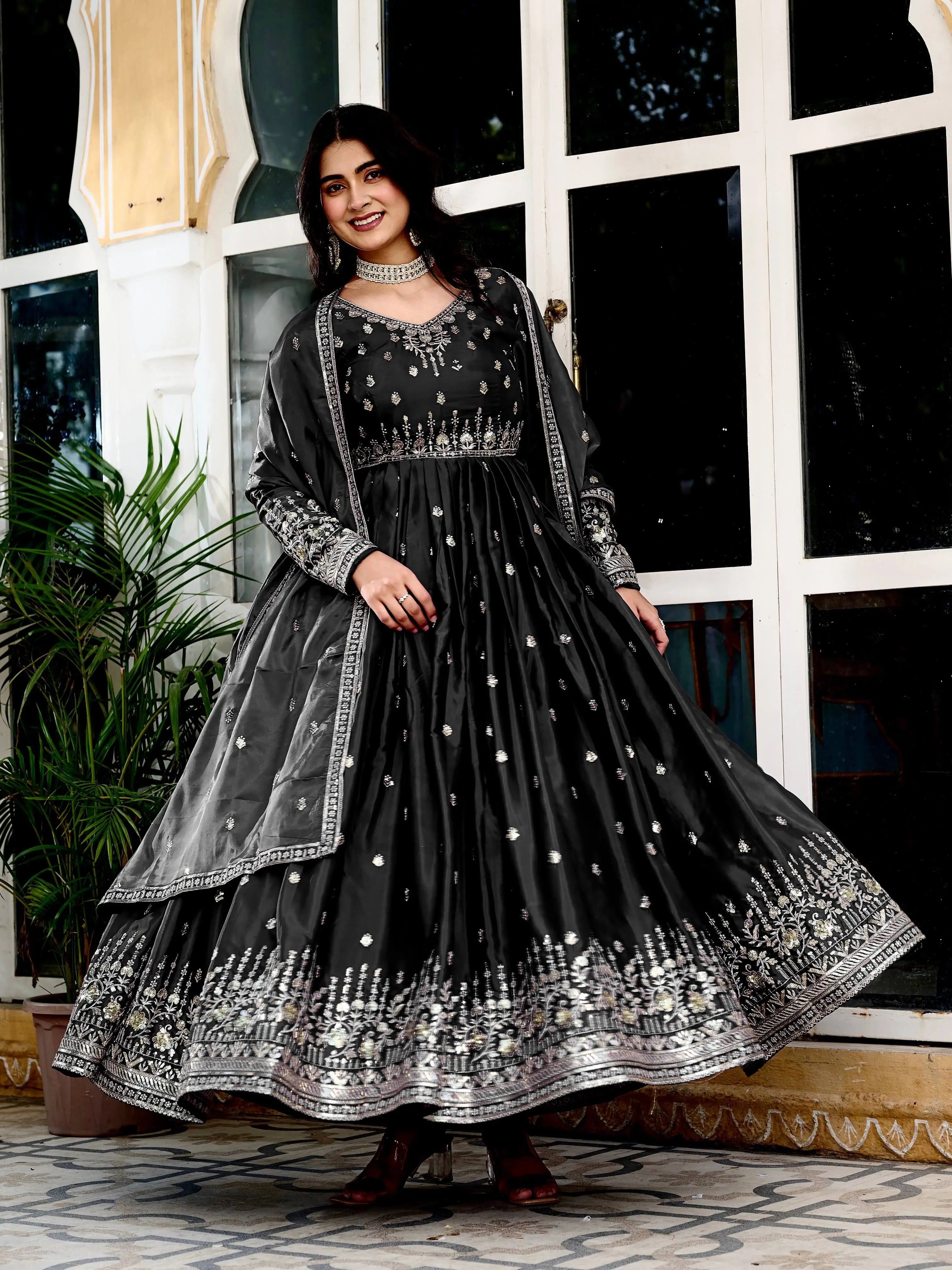 Midnight Black Embroidered Silk Gown Set