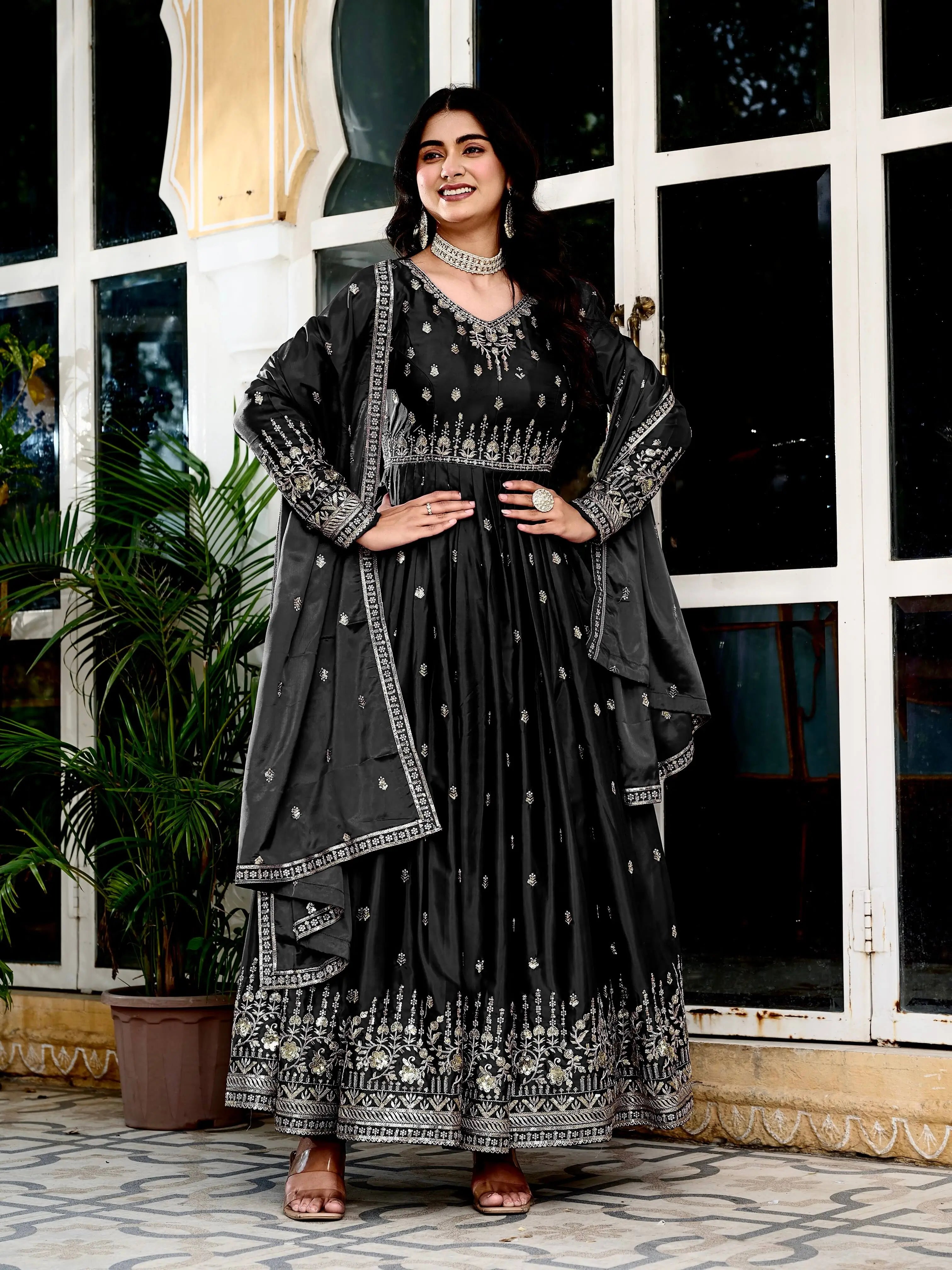 Midnight Black Embroidered Silk Gown Set