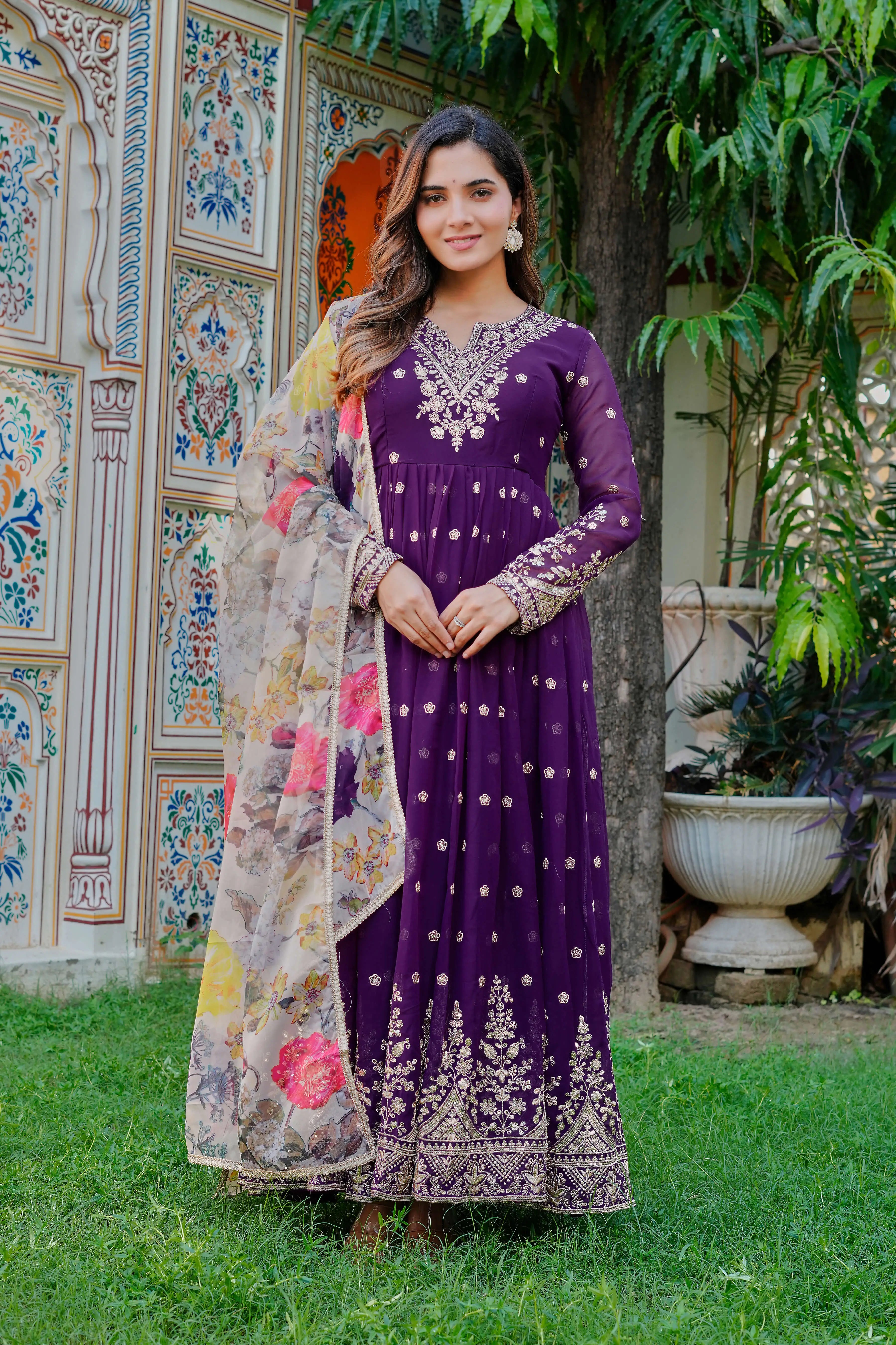Royal Purple Embroidered Georgette Gown Set