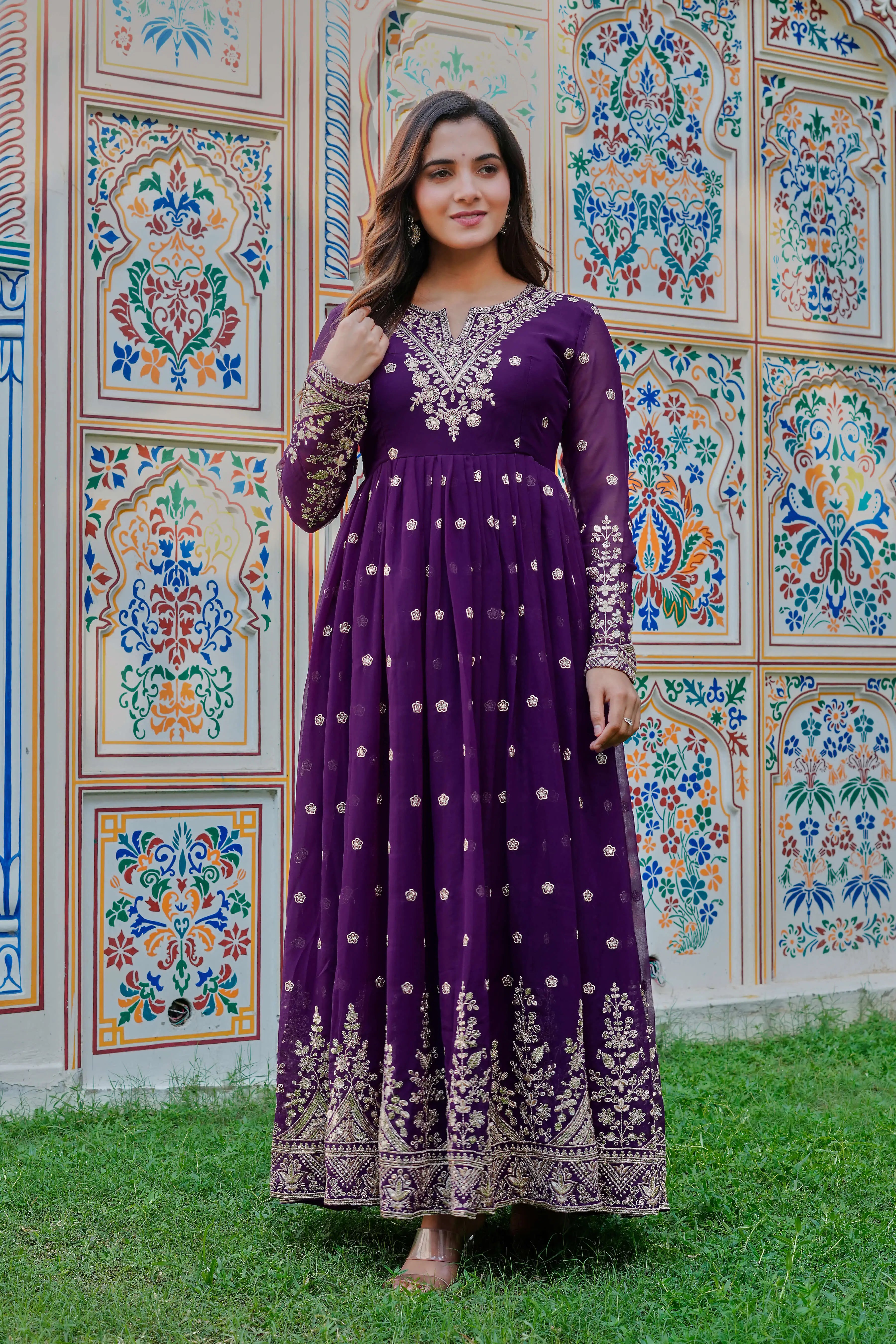 Royal Purple Embroidered Georgette Gown Set