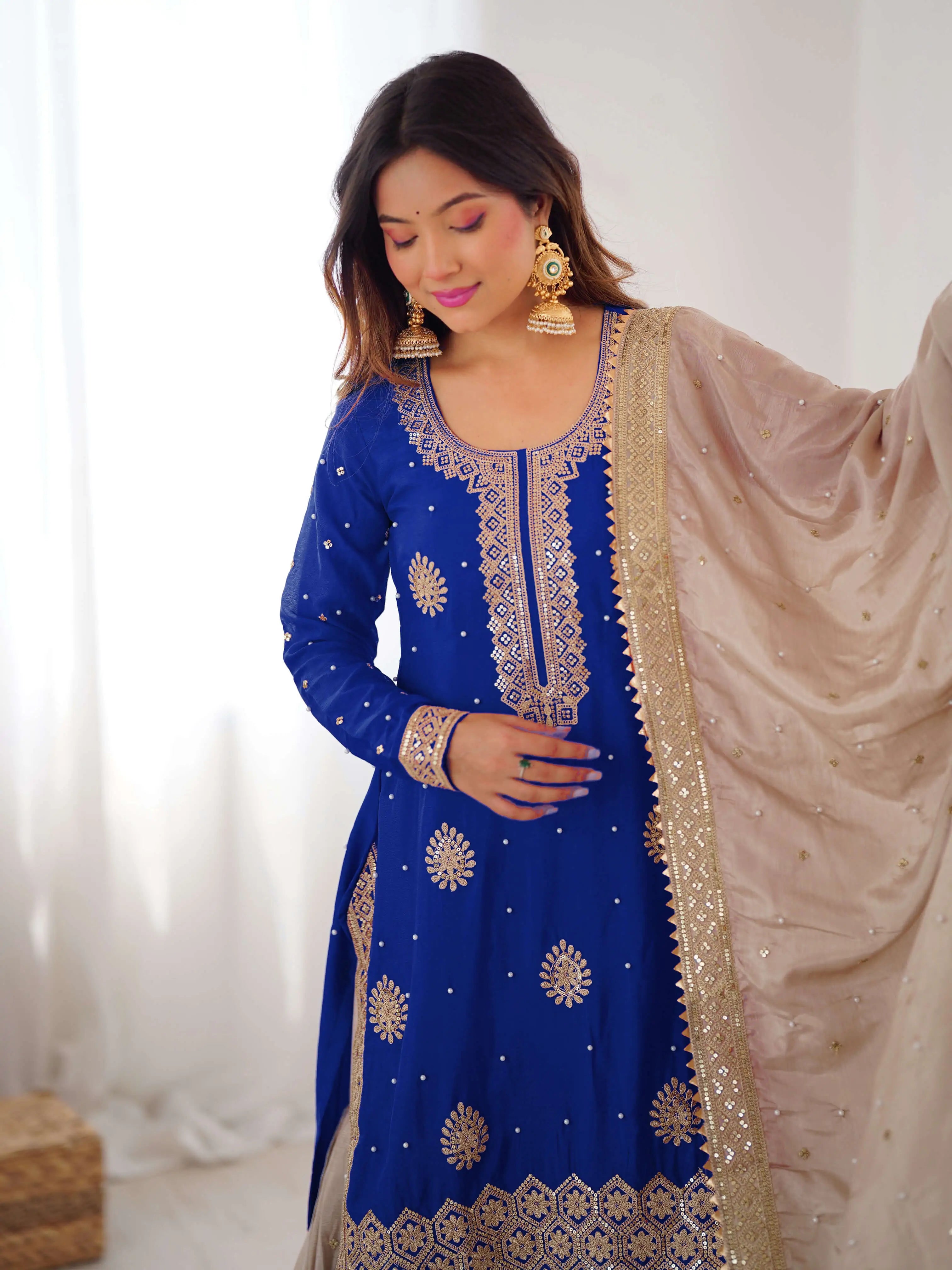 Royal Blue Chinon Silk Sharara Set