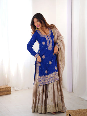 Royal Blue Chinon Silk Sharara Set