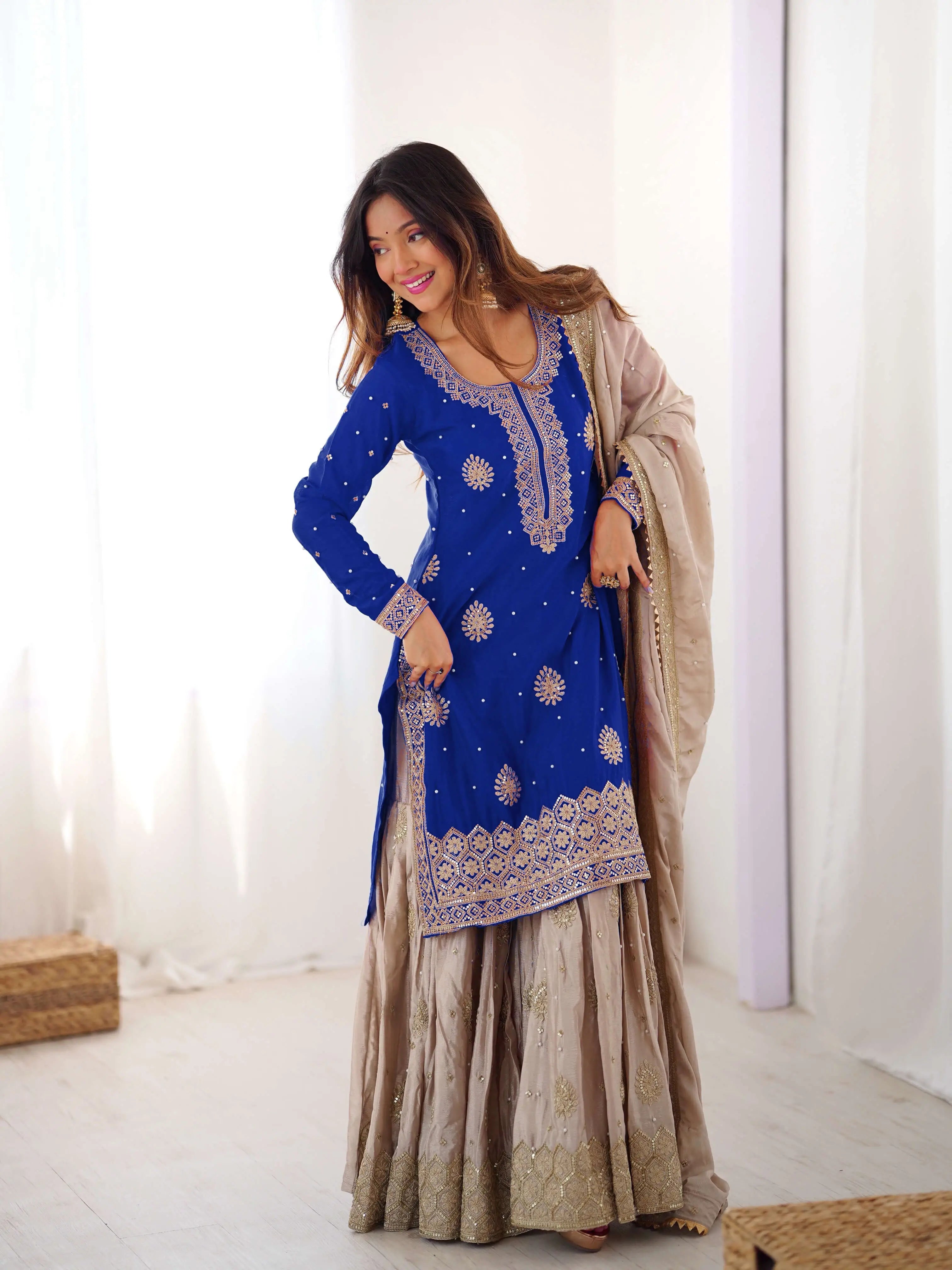Royal Blue Chinon Silk Sharara Set