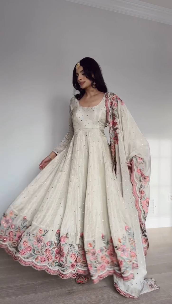 Ivory Chinon Silk Embroidered Anarkali Suit Set with Dupatta