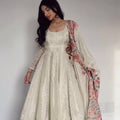 Ivory Chinon Silk Embroidered Anarkali Suit Set with Dupatta