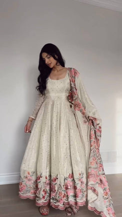 Ivory Chinon Silk Embroidered Anarkali Suit Set with Dupatta