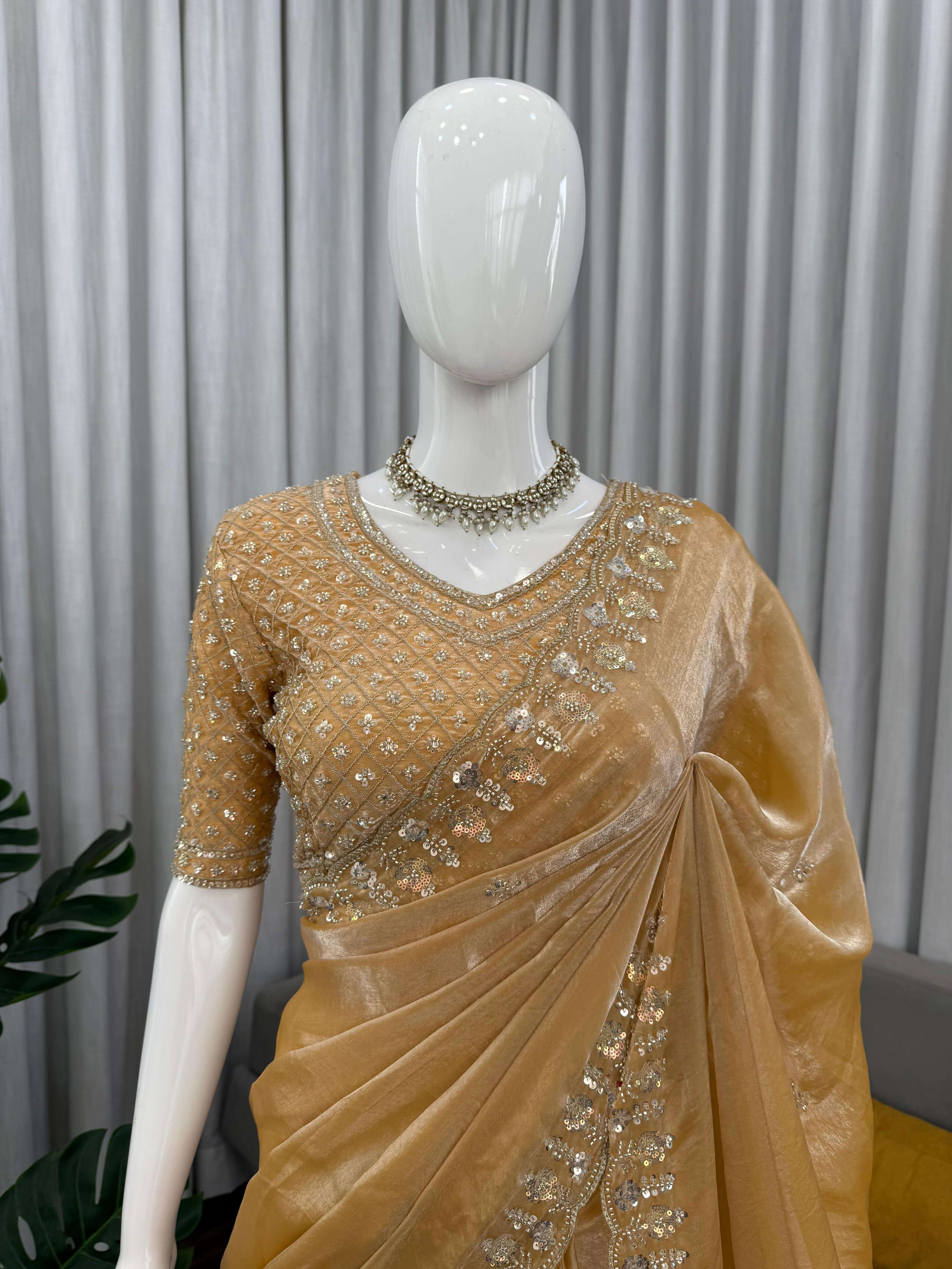 Champagne Gold Designer Saree with Heavy Work Blouse | Party Wear Blouse View