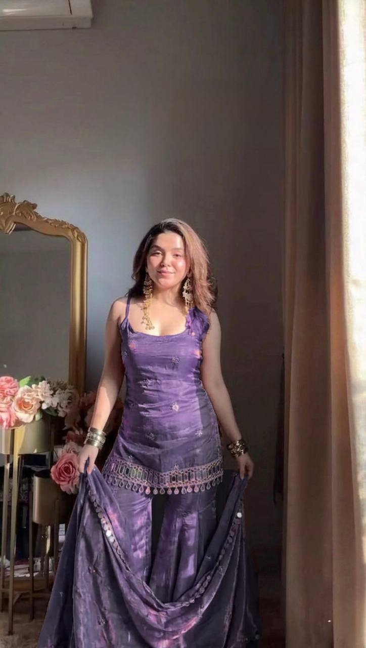 Lavender Purple Embroidered Fendy Silk Palazzo Set with Dupatta for full