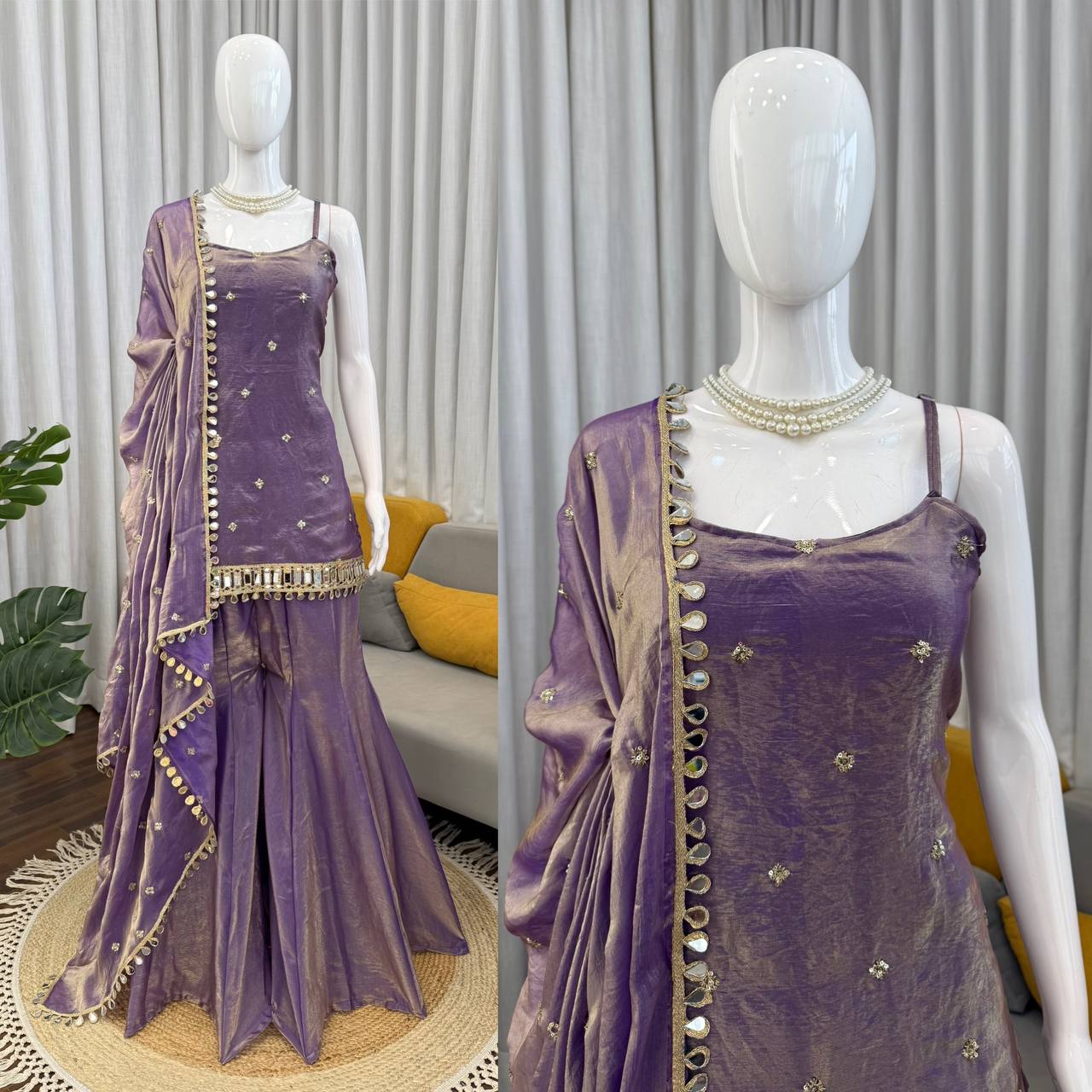 Lavender Purple Embroidered Fendy Silk Palazzo Set with Dupatta for Women Both