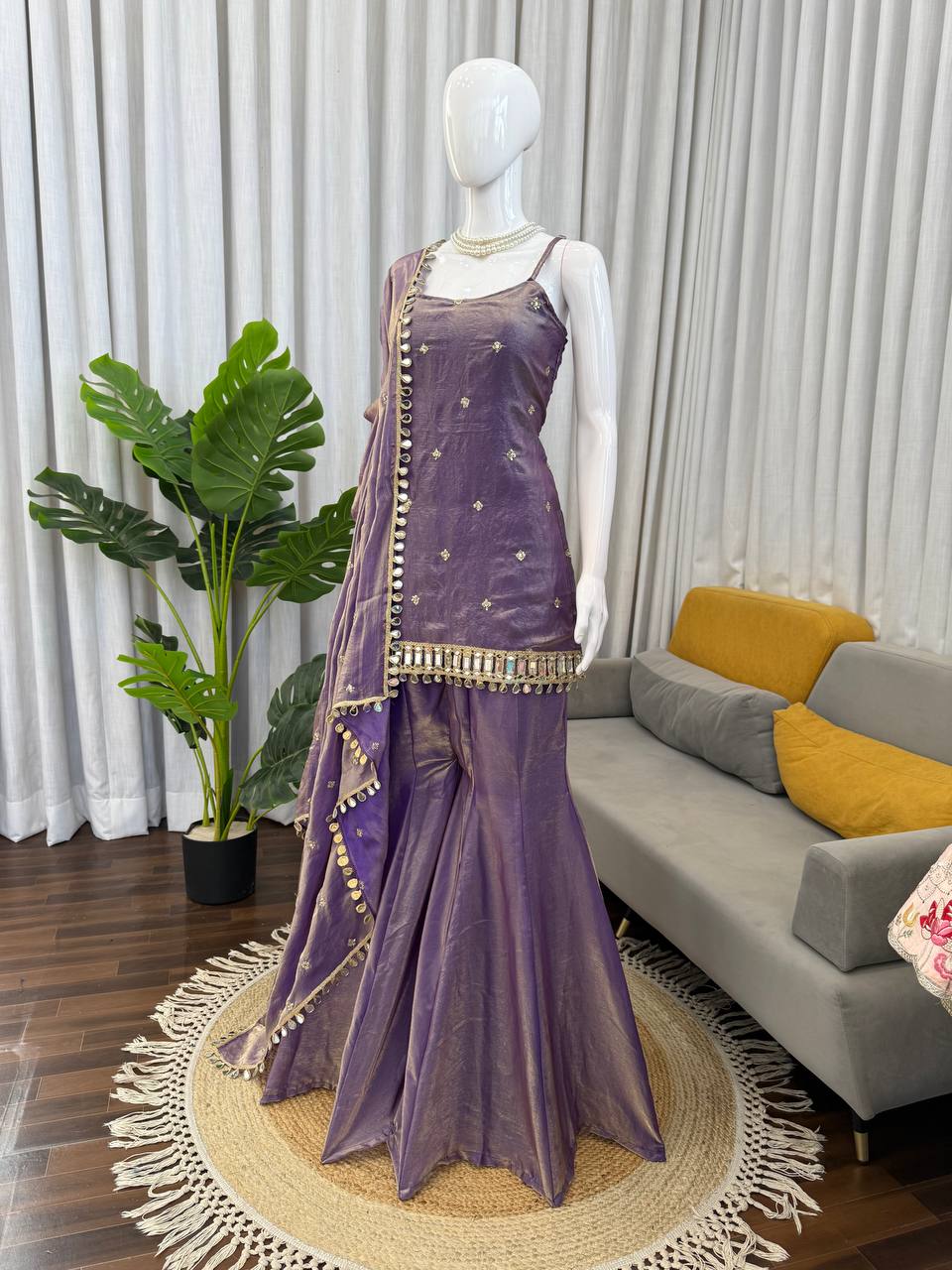 Lavender Purple Embroidered Fendy Silk Palazzo Set with Dupatta for side