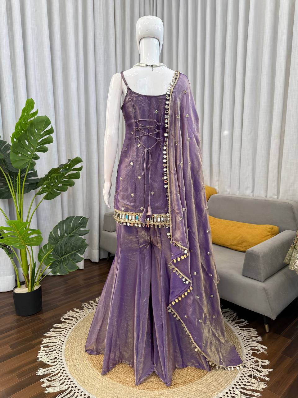 Lavender Purple Embroidered Fendy Silk Palazzo Set with Dupatta for Women back view