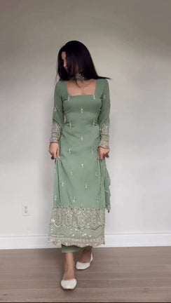Mint Green Faux Georgette Embroidered Straight Suit Set