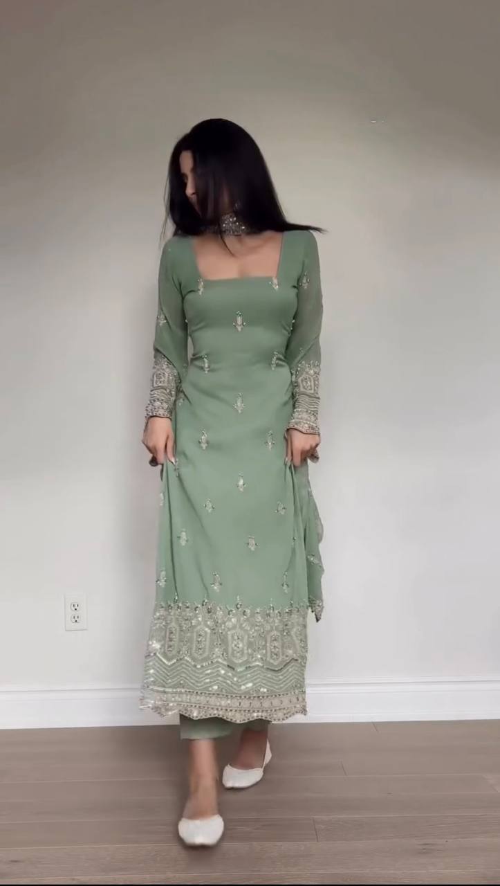 Mint Green Faux Georgette Embroidered Straight Suit Set