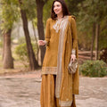 Mustard Embroidered Mul Chanderi Kurta Palazzo Set with Dupatta