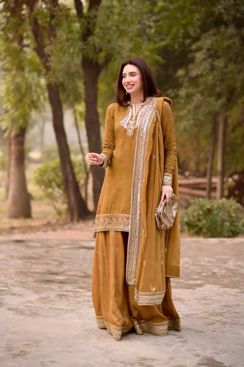 Mustard Embroidered Mul Chanderi Kurta Palazzo Set with Dupatta