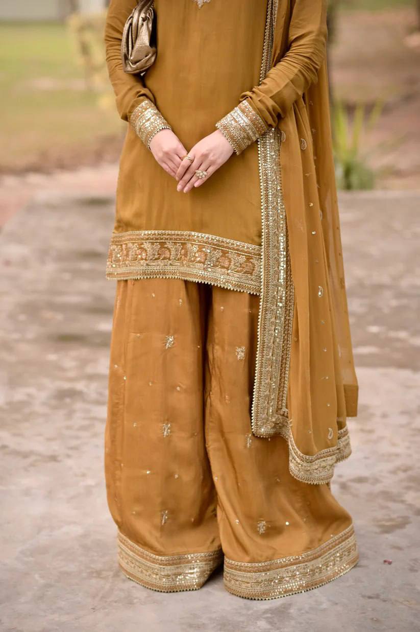 Mustard Embroidered Mul Chanderi Kurta Palazzo Set with Dupatta