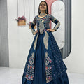 Navy Blue Embroidered Vichitra Silk Crop Top Lehenga Set with Shrug for Women