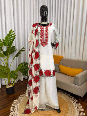 Off White Floral Embroidered Fendy Silk Palazzo Set with Dupatta
